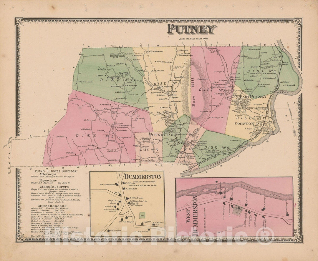 Historic Map : Atlas of Windham County, VT, Dummerston & Putney 1869 , Vintage Wall Art