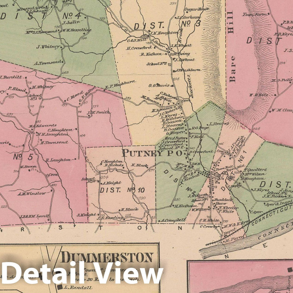 Historic Map : Atlas of Windham County, VT, Dummerston & Putney 1869 , Vintage Wall Art