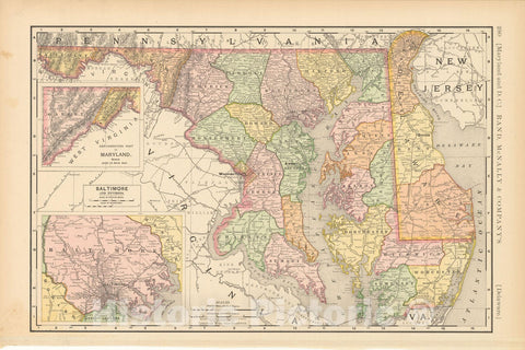 Historic Map : United States Maps, Delaware & Maryland 1894 , Vintage Wall Art