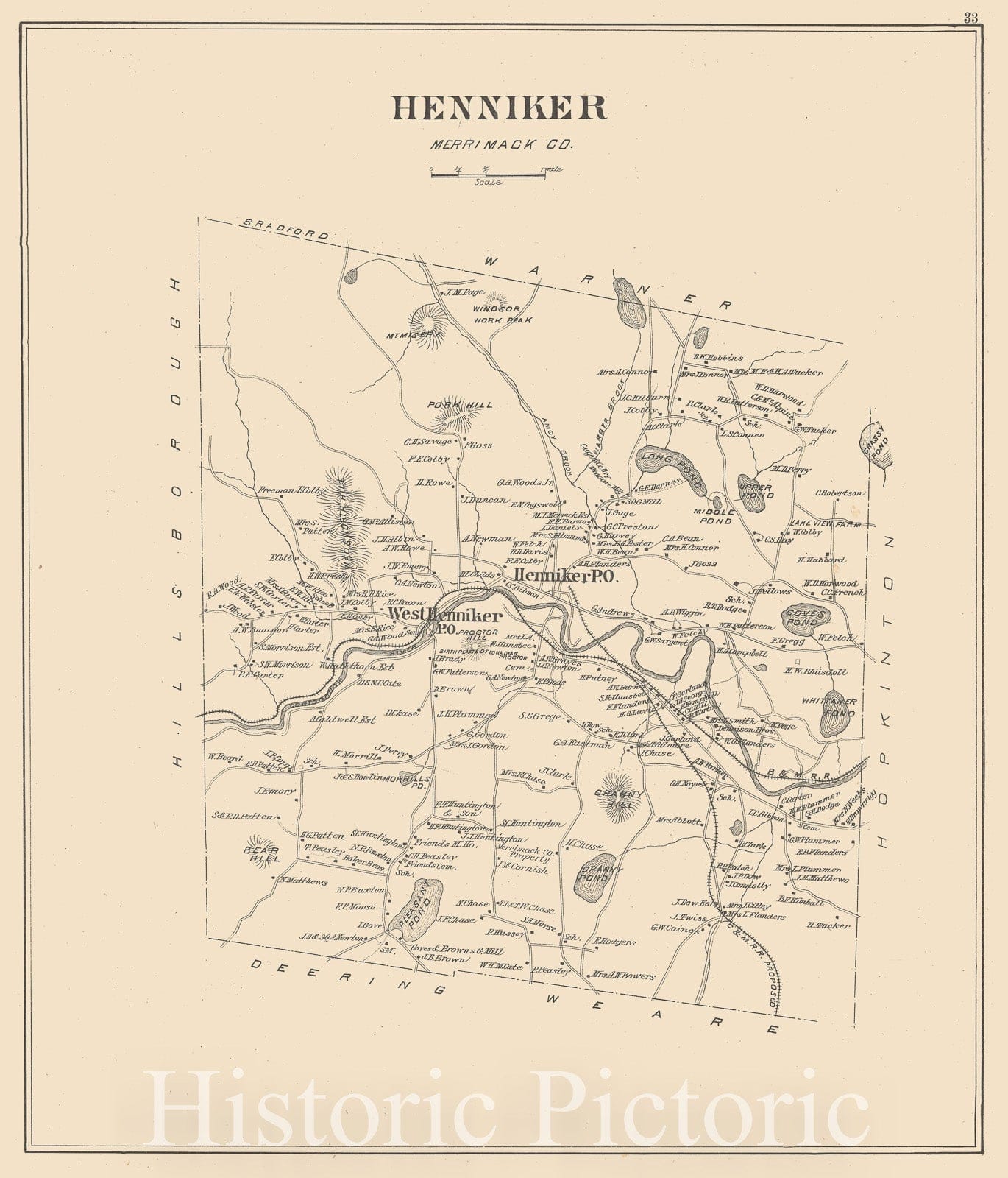 Historic Map : Henniker 1892 , Town and City Atlas State of New Hampshire , Vintage Wall Art