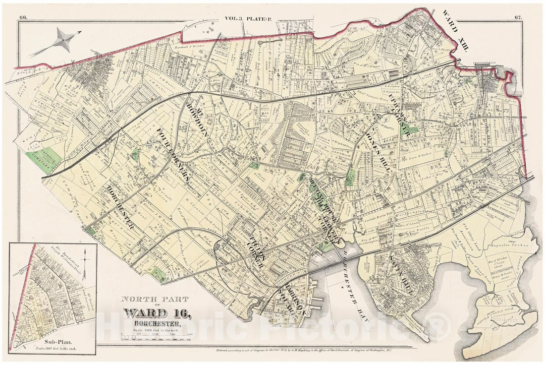 Historic Map : Atlas of County of Suffolk, MA Vol. 3rd, Dorchester 1874 Plate P , Vintage Wall Art