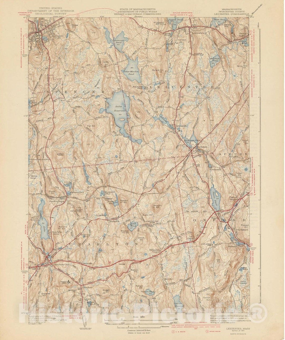 Historic Map : USGS 7.5 Minute Sheets and Quadrangles, Charlton & Leicester & Spencer 1941 Topographic Map , Vintage Wall Art