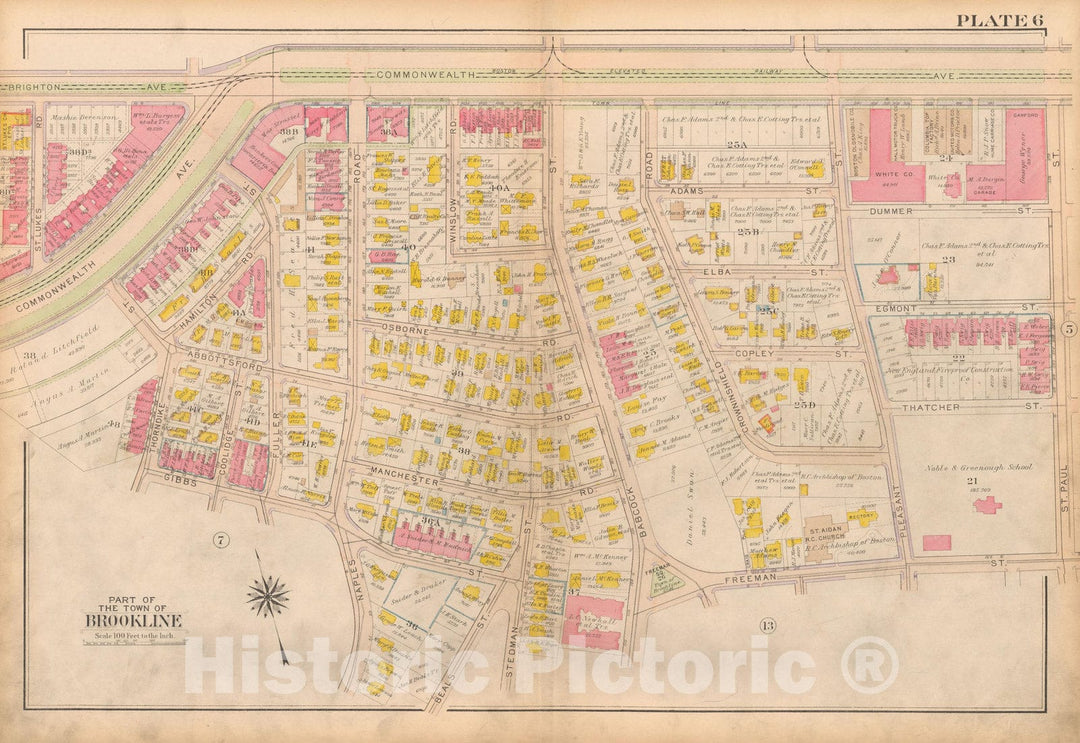Historic Map : Atlas Town of Brookline, Brookline 1919 Plate 006 , Vintage Wall Art