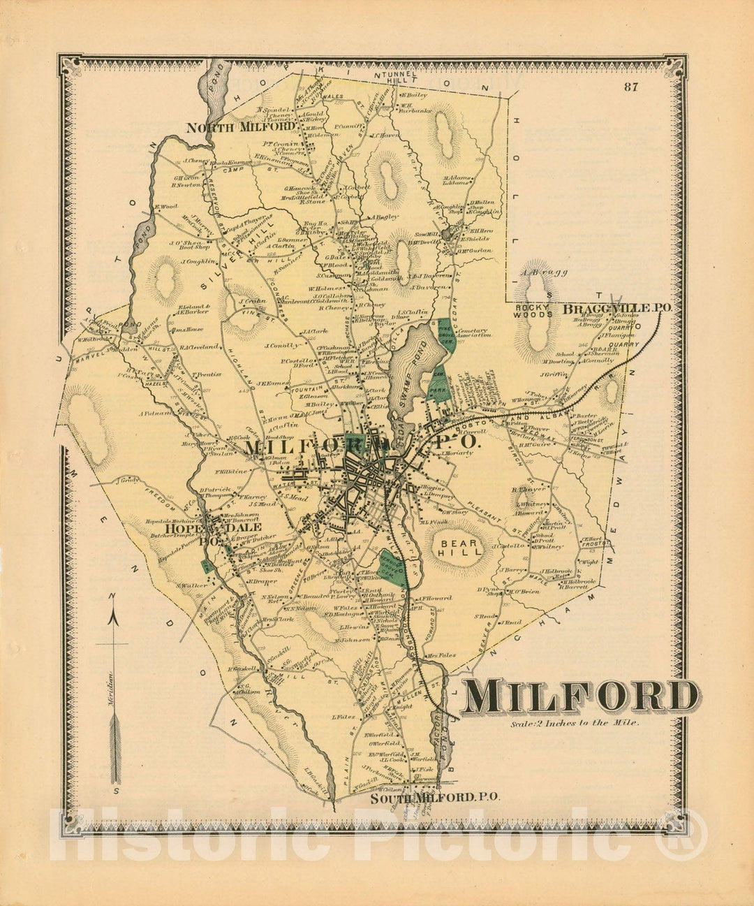 Historic Map : Atlas of Worcester County, Massachsuetts, Milford 1870 , v2, Vintage Wall Art