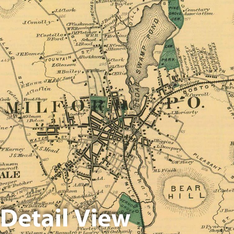 Historic Map : Atlas of Worcester County, Massachsuetts, Milford 1870 , v2, Vintage Wall Art