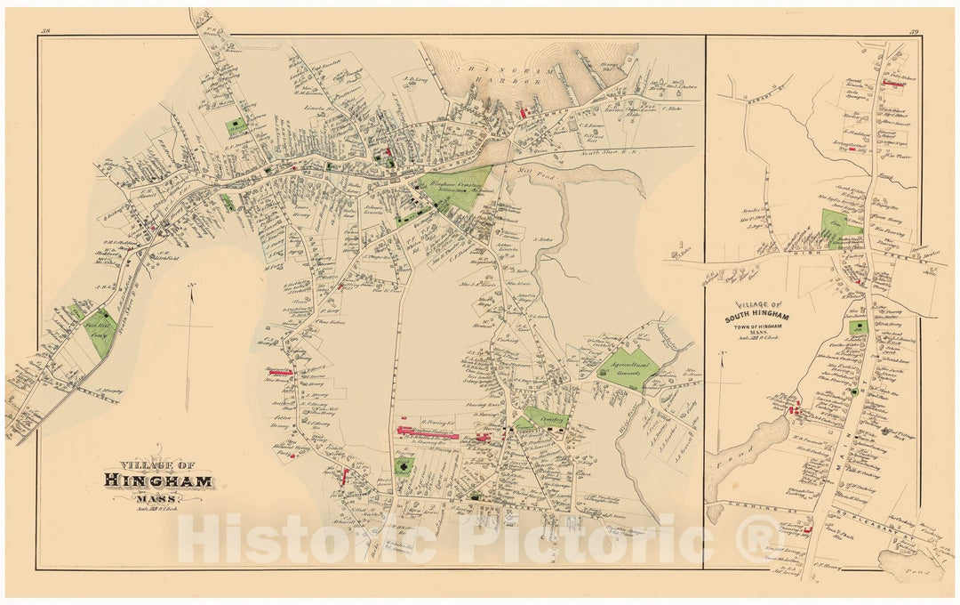 Historic Map : Atlas of Plymouth County Massachusetts, Hingham 1879 , Vintage Wall Art