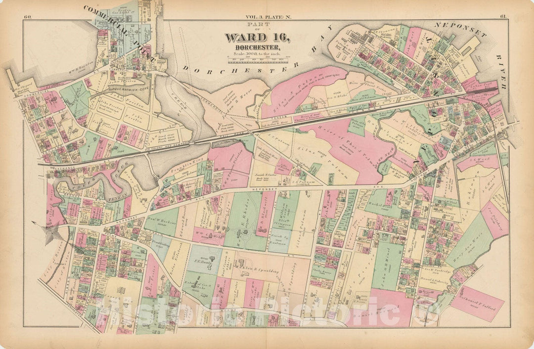 Historic Map : Atlas of County of Suffolk, MA Vol. 3rd, Dorchester 1874 Plate N , v2, Vintage Wall Art