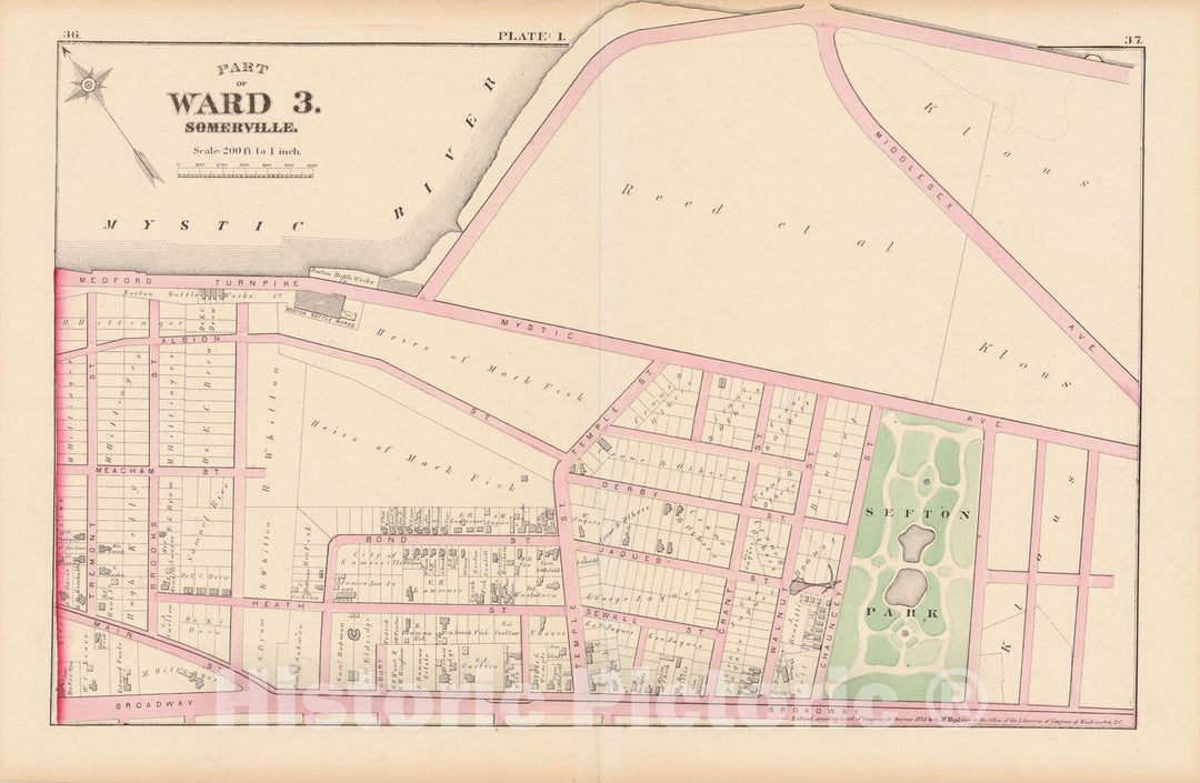 Historic Map : Atlas City of Somerville, Somerville 1874 Plate I , Vintage Wall Art