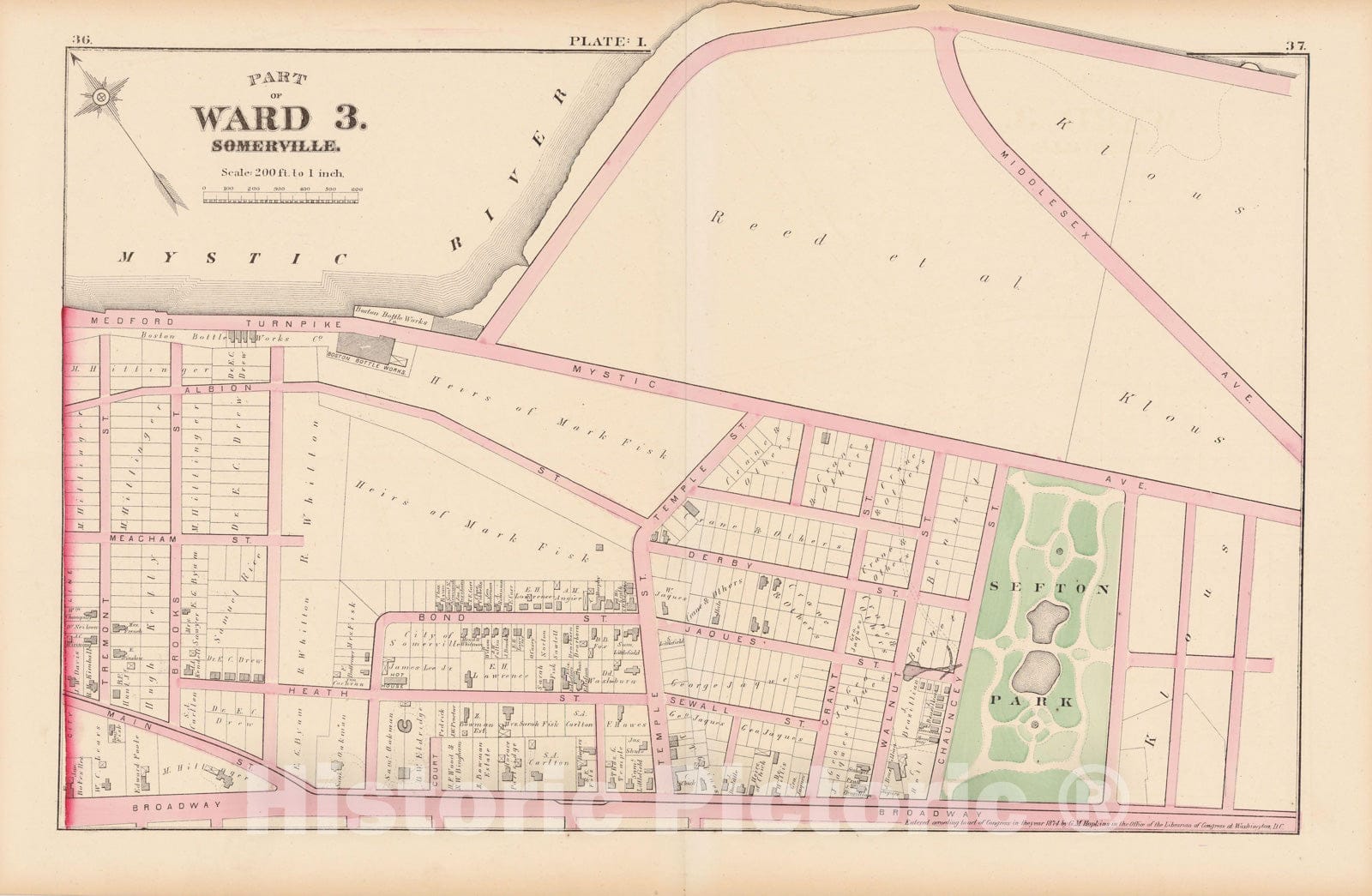Historic Map : Atlas City of Somerville, Somerville 1874 Plate I , Vintage Wall Art