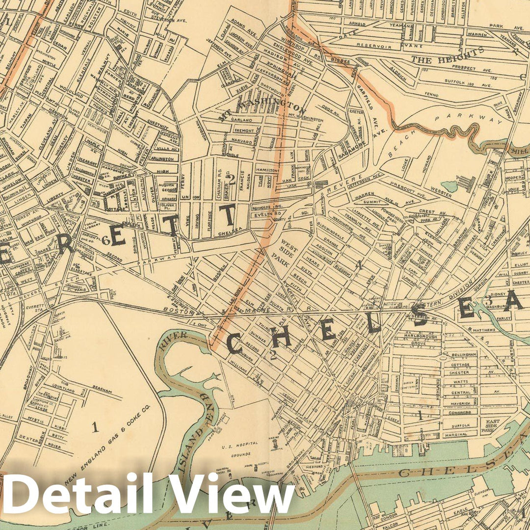 Historic Map : Atlas of Massachusetts, Charlestown & Chelsea & East Boston & Everett & Malden & Revere 1904 , Vintage Wall Art