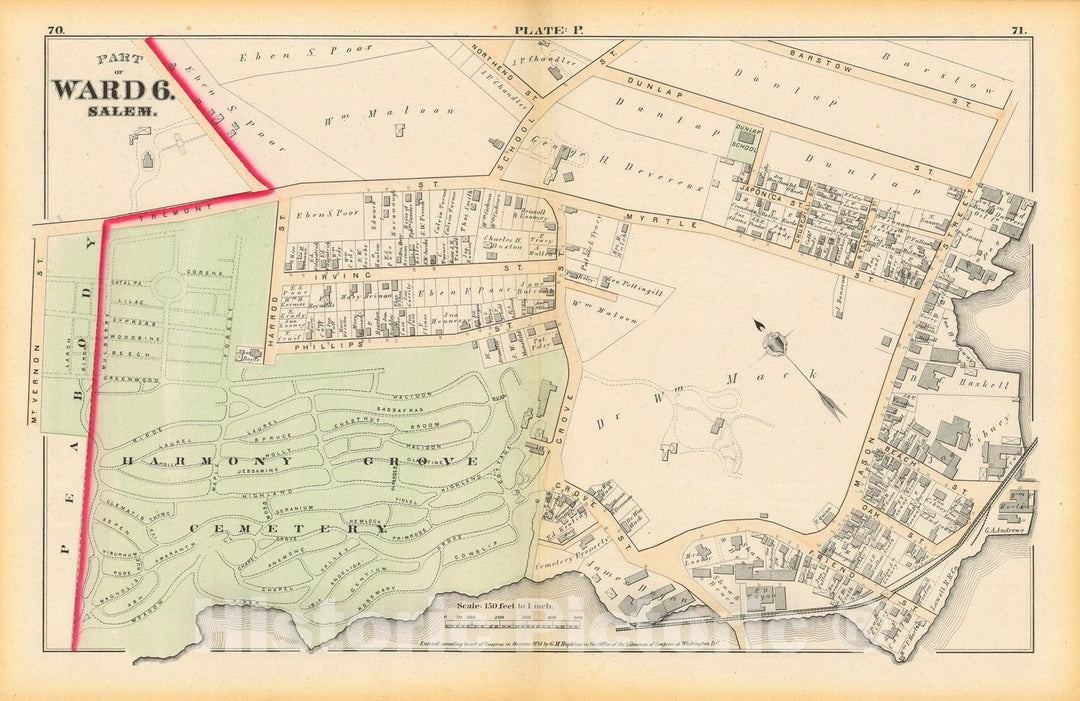 Historic Map : Atlas City of Salem, Massachusetts, Salem 1874 Plate P , Vintage Wall Art