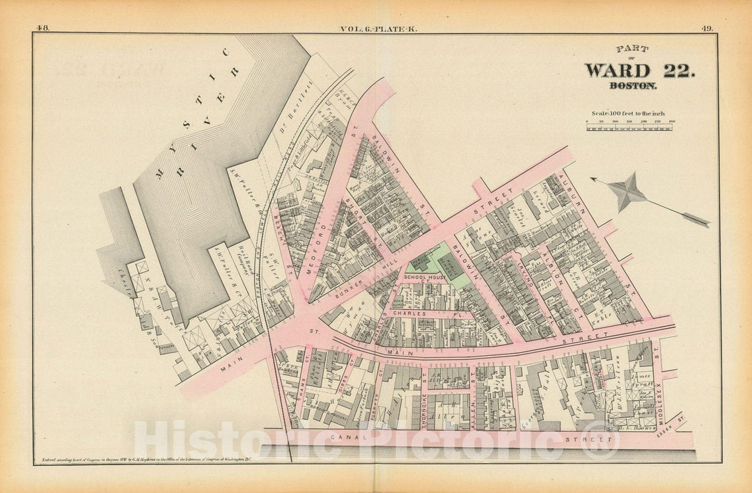 Historic Map : Atlas County of Suffolk, Massachusetts Vol. 6, Charlestown 1875 Plate K , Vintage Wall Art