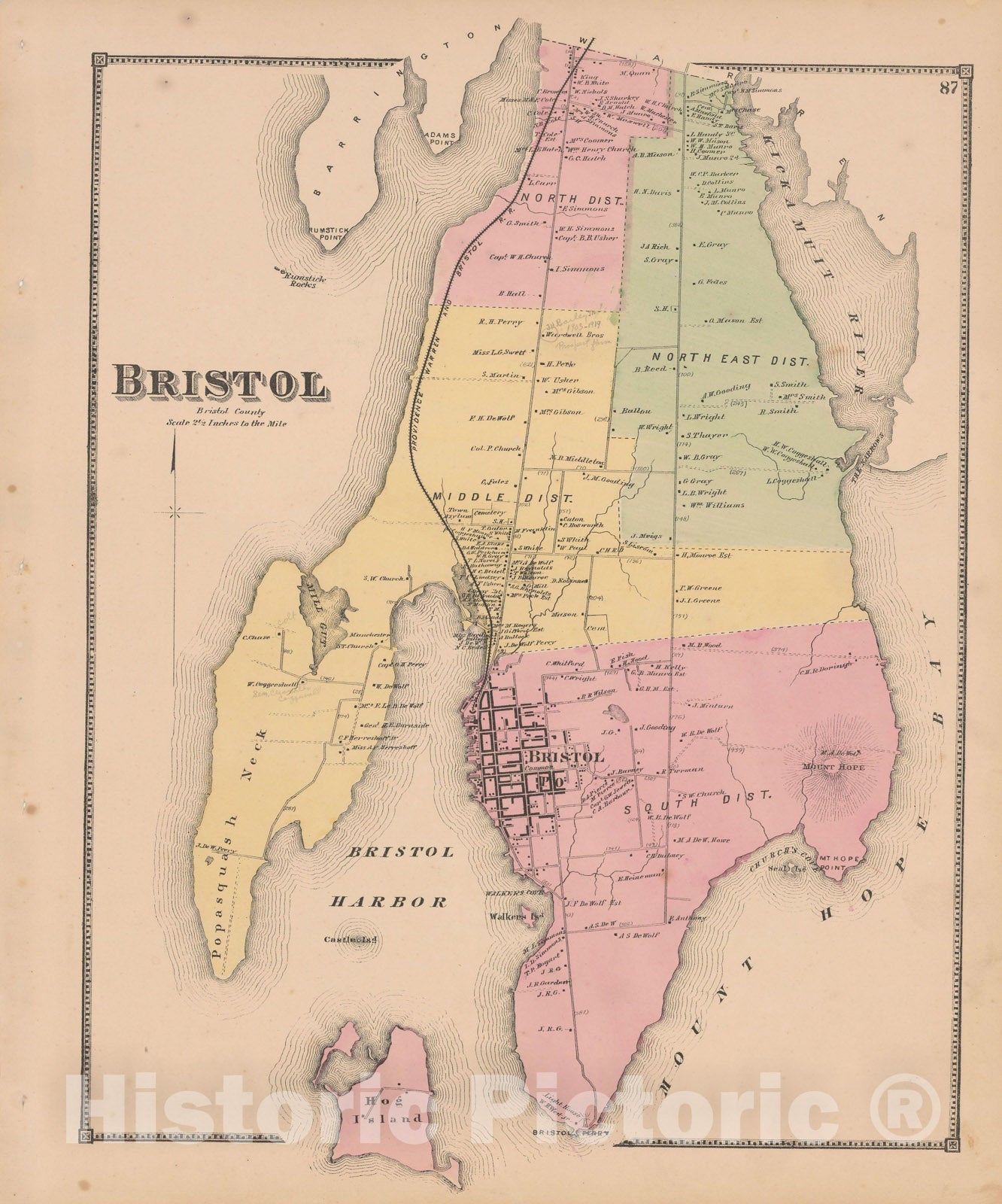 Historic Map : Atlas State of Rhode Island, Bristol 1870 , Vintage Wall Art