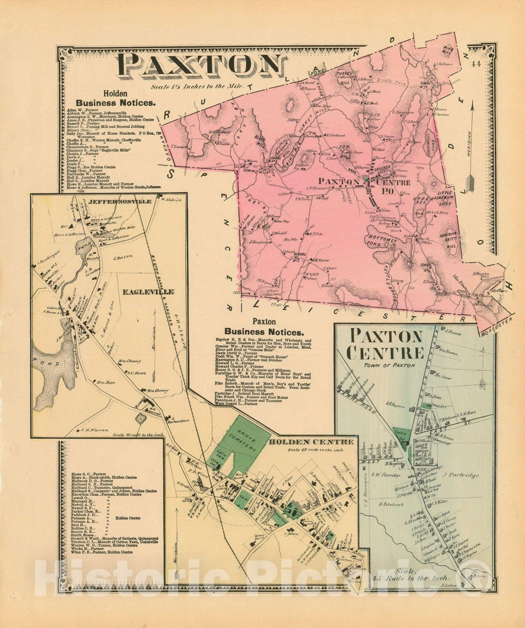 Historic Map : Atlas of Worcester County, Massachsuetts, Paxton 1870 , Vintage Wall Art
