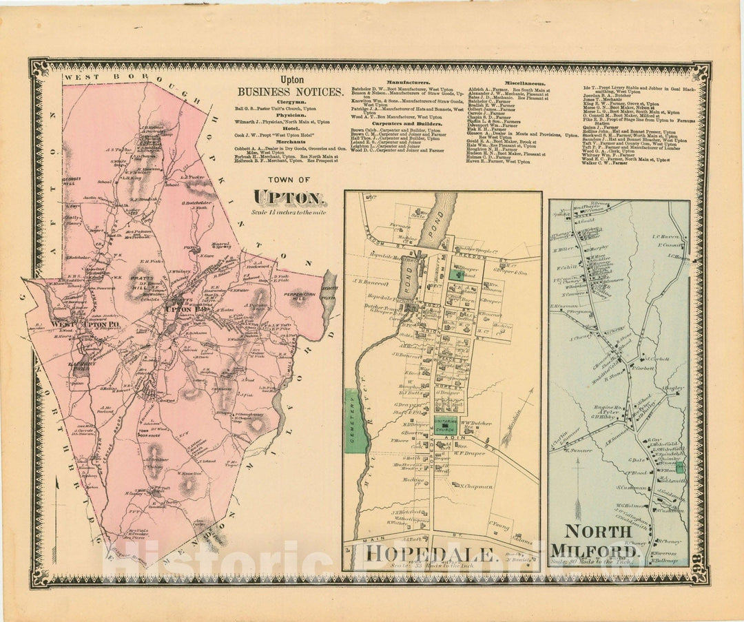 Historic Map : Atlas of Worcester County, Massachsuetts, Hopedale & Upton 1870 , Vintage Wall Art
