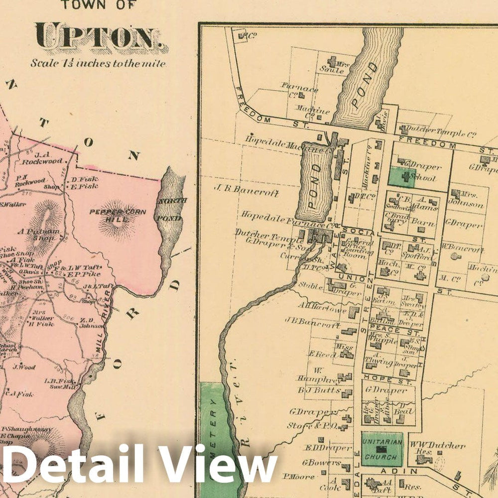 Historic Map : Atlas of Worcester County, Massachsuetts, Hopedale & Upton 1870 , Vintage Wall Art