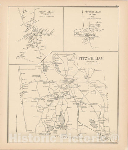 Historic Map : Fitzwilliam 1892 , Town and City Atlas State of New Hampshire , Vintage Wall Art