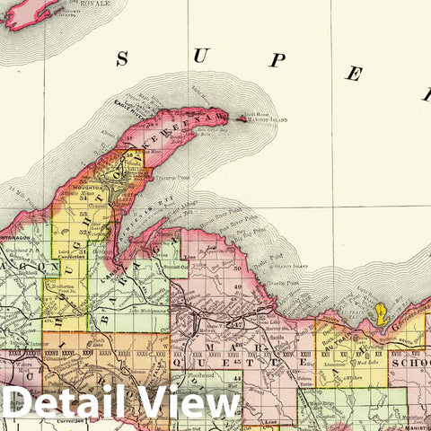 Historic Map : United States Maps, Michigan Upper Peninsula 1894 , Vintage Wall Art