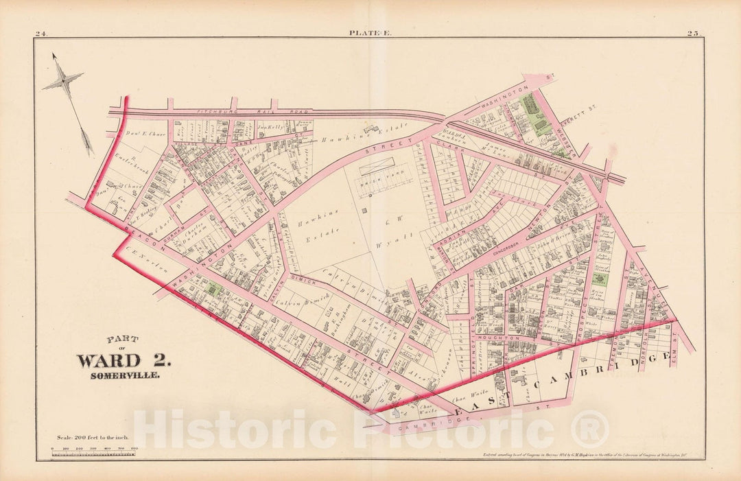 Historic Map : Atlas City of Somerville, Somerville 1874 Plate E , Vintage Wall Art