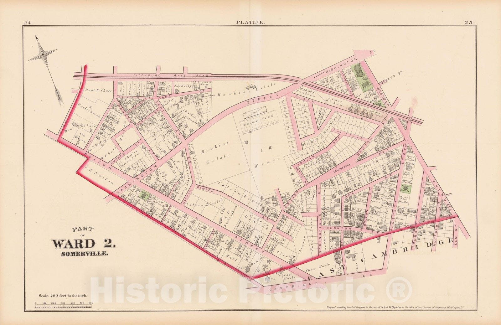 Historic Map : Atlas City of Somerville, Somerville 1874 Plate E , Vintage Wall Art