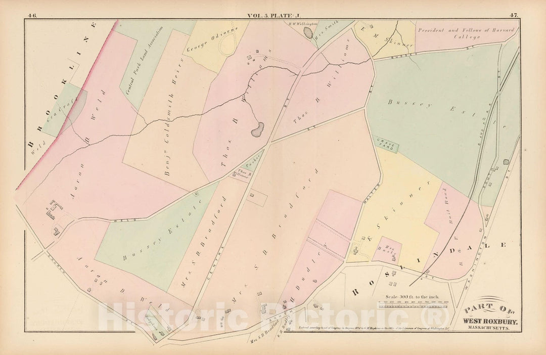 Historic Map : Atlas of County of Suffolk, MA, Vol. 5th, Roslindale 1874 Plate J , Vintage Wall Art