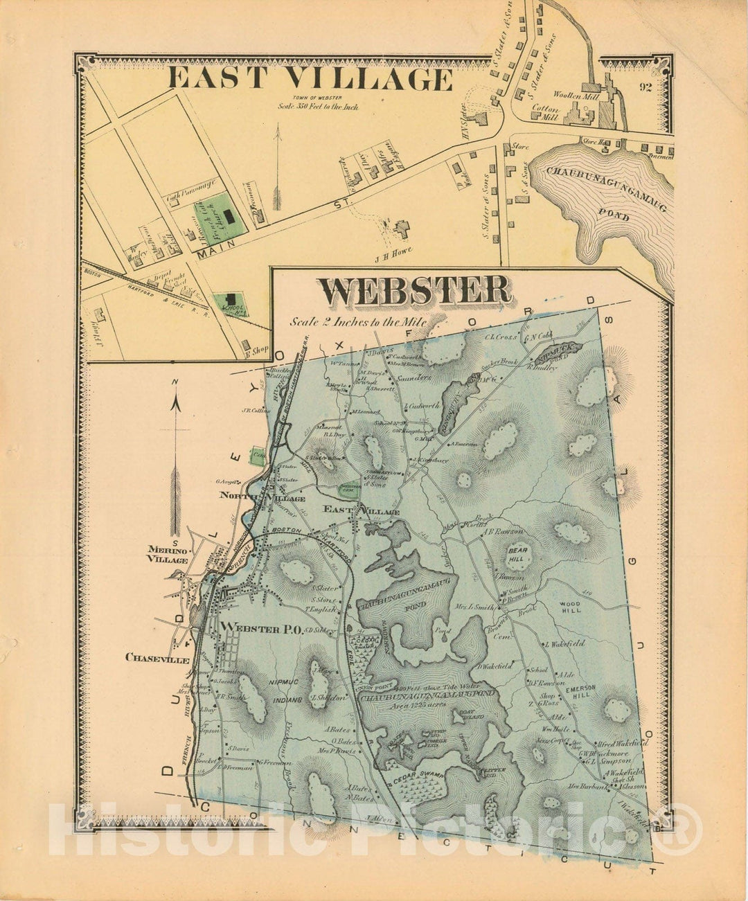 Historic Map : Atlas of Worcester County, Massachsuetts, Webster 1870 , Vintage Wall Art