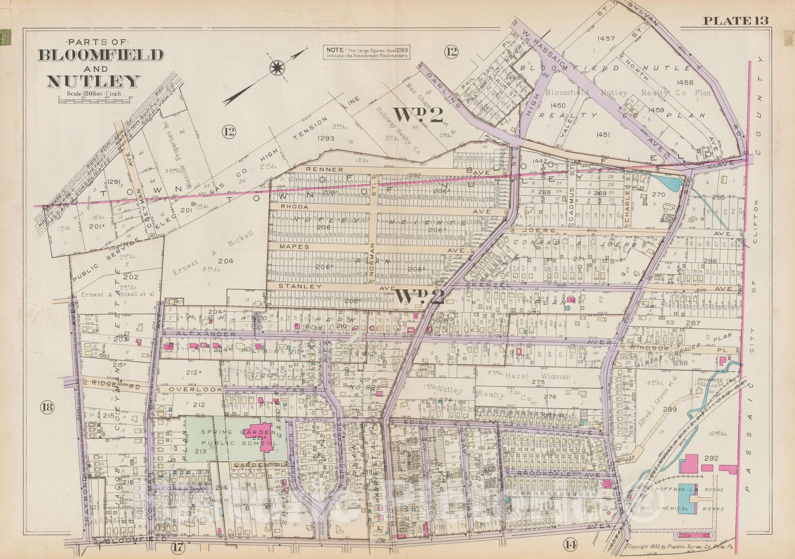 Historic Map : Atlas of Bloomfield, Belleville and Nutley; Essex County Vol D, Bloomfield & Nutley 1932 Plate 013 , Vintage Wall Art