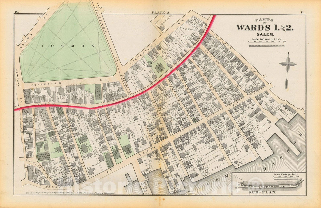 Historic Map : Atlas City of Salem, Massachusetts, Salem 1874 Plate A , Vintage Wall Art