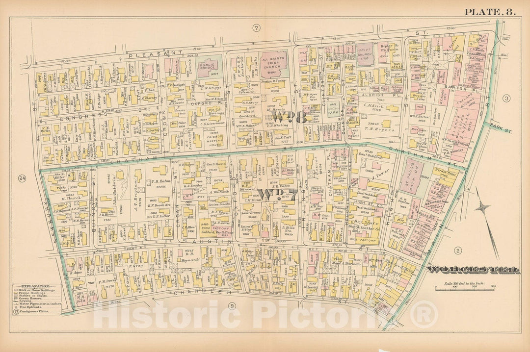 Historic Map : Atlas City of Worcester, MA, Worcester 1886 Plate 008 , Vintage Wall Art