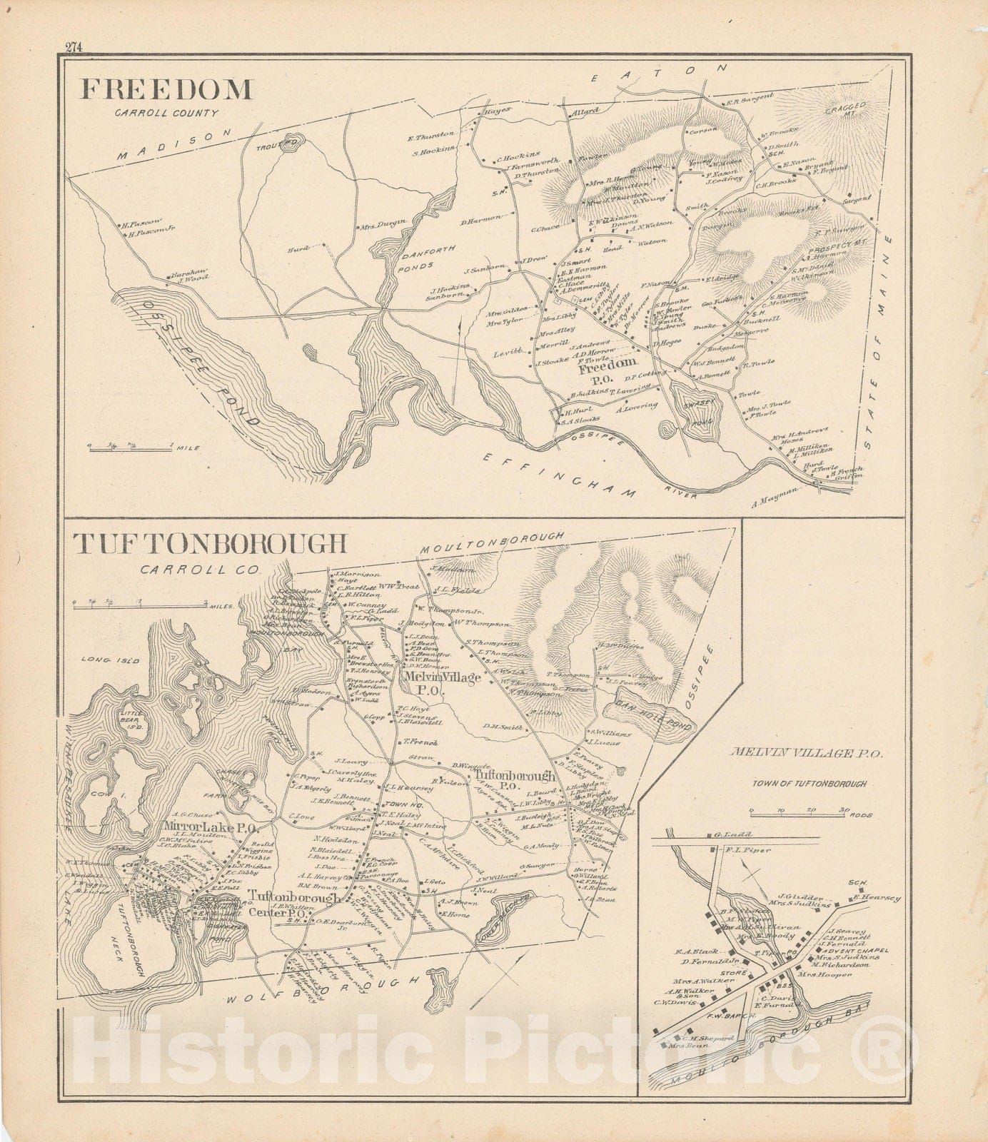 Historic Map : Freedom & Tuftonborough 1892 , Town and City Atlas State of New Hampshire , Vintage Wall Art