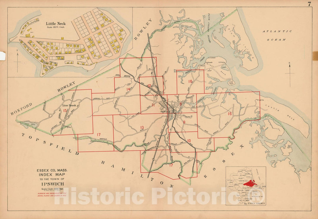 Historic Map : Atlas Towns of Topsfield, Ipswich, Essex, Hamilton and Wenham, Essex County, MA, Ipswich 1910 Plate 007 , Vintage Wall Art