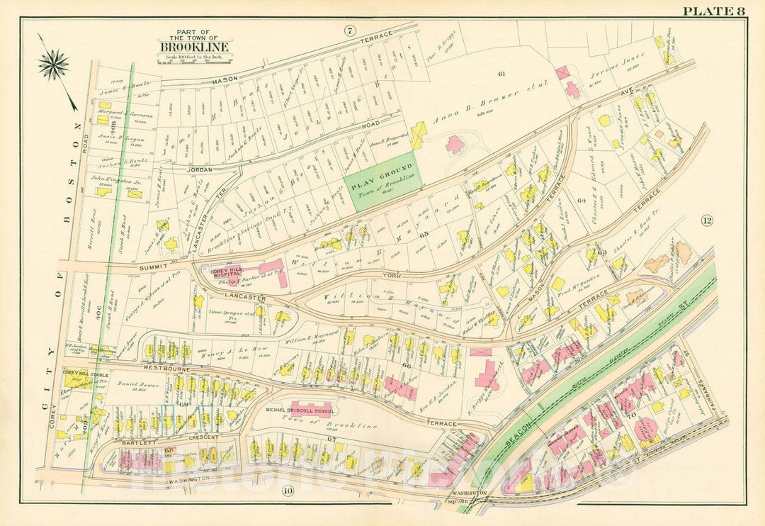 Historic Map : Atlas Town of Brookline, Norfolk County Massachusetts, Brookline 1913 Plate 008 , Vintage Wall Art