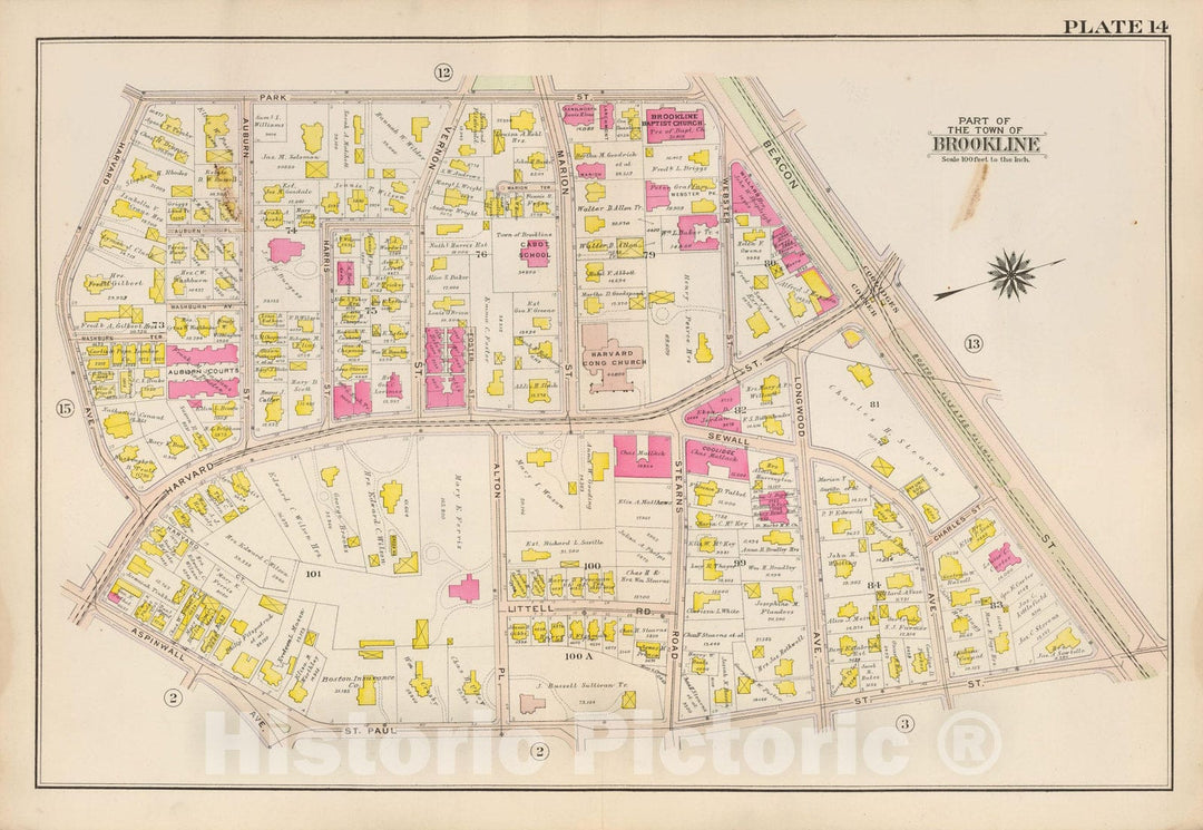 Historic Map : Atlas Town of Brookline, Brookline 1907 Plate 014 , Vintage Wall Art