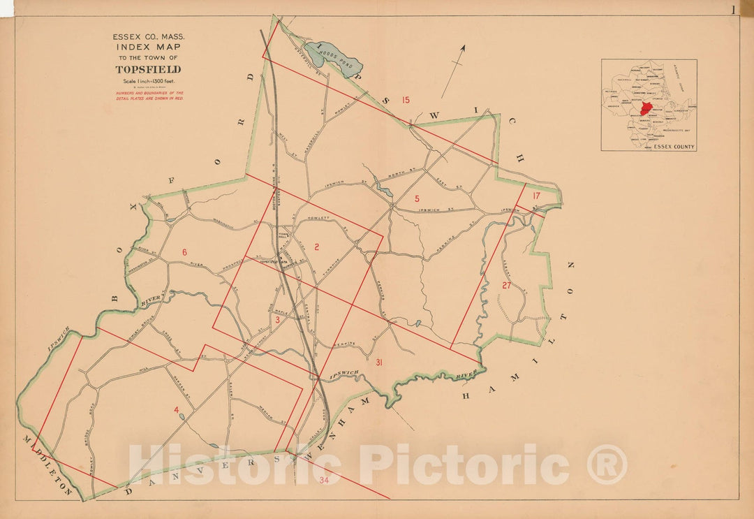 Historic Map : Atlas Towns of Topsfield, Ipswich, Essex, Hamilton and Wenham, Essex County, MA, Topsfield 1910 Plate 001 , Vintage Wall Art
