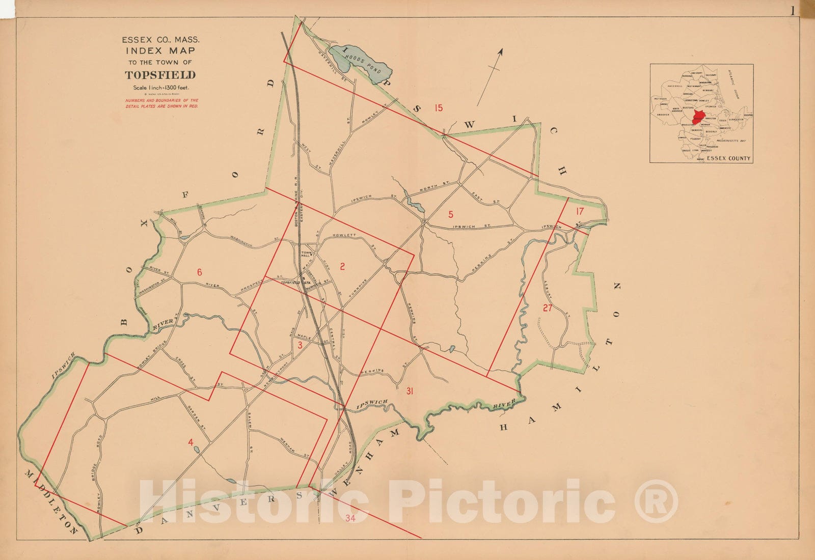 Historic Map : Atlas Towns of Topsfield, Ipswich, Essex, Hamilton and Wenham, Essex County, MA, Topsfield 1910 Plate 001 , Vintage Wall Art