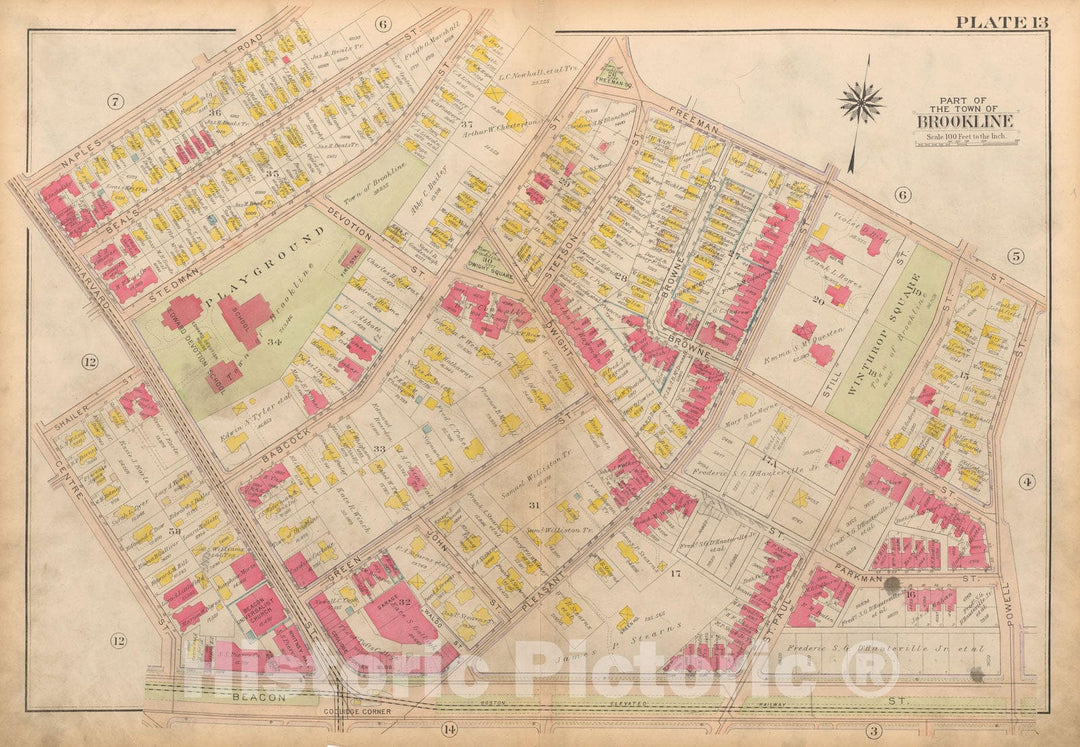 Historic Map : Atlas Town of Brookline, Brookline 1919 Plate 013 , Vintage Wall Art