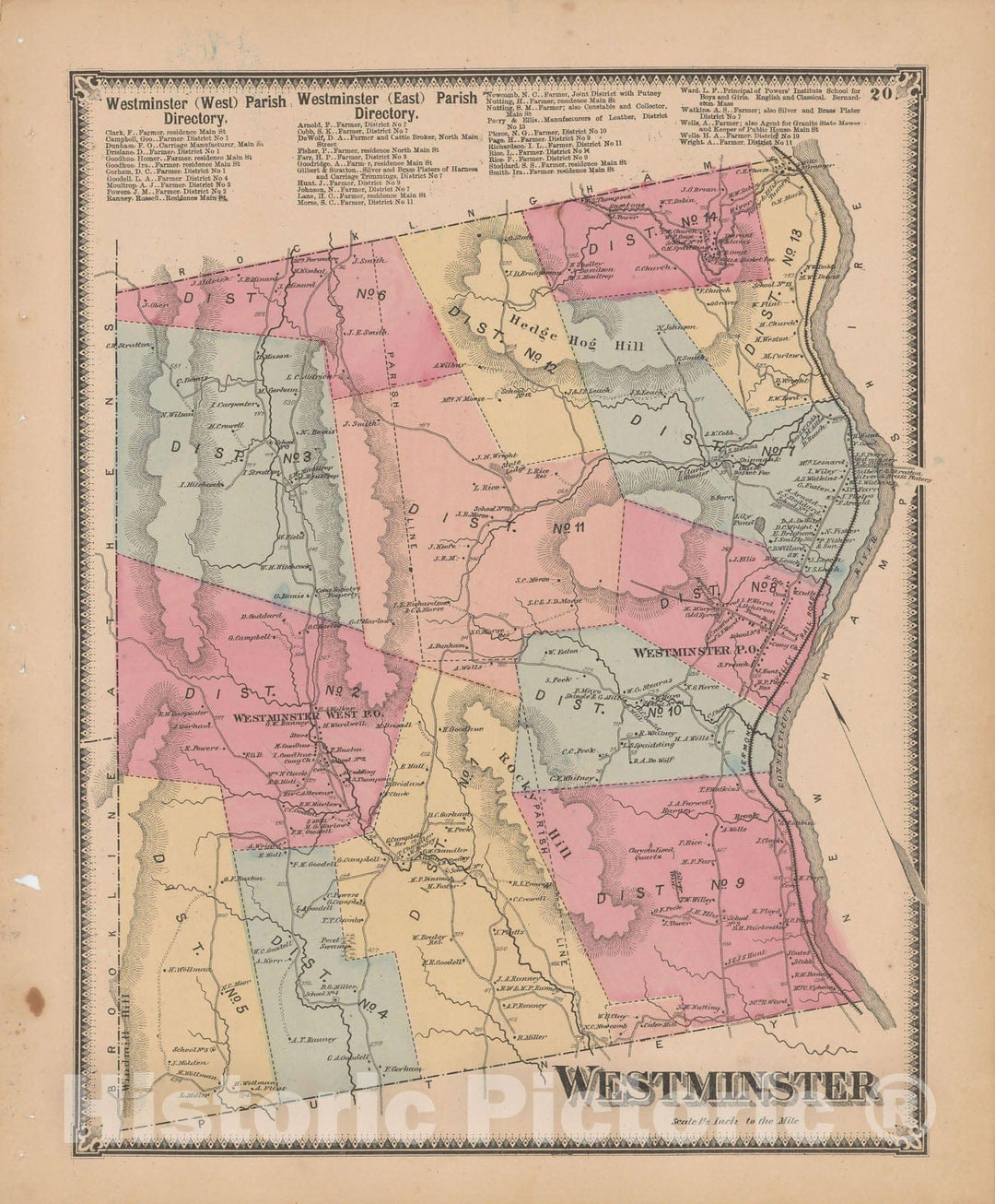 Historic Map : Atlas of Windham County, VT, Westminster 1869 , Vintage Wall Art