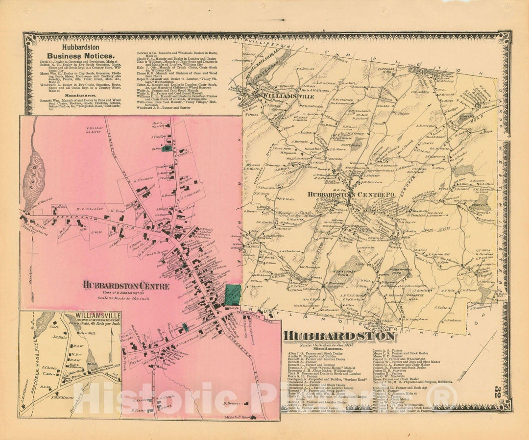Historic Map : Atlas of Worcester County, Massachsuetts, Hubbardston 1870 , Vintage Wall Art