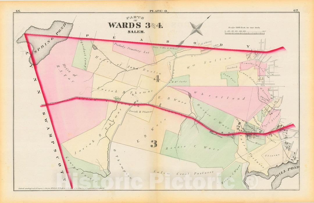 Historic Map : Atlas City of Salem, Massachusetts, Salem 1874 Plate O , Vintage Wall Art