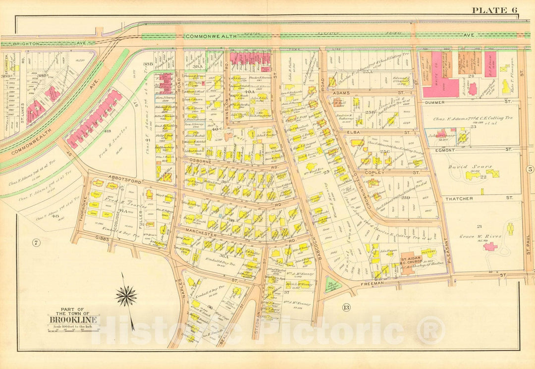 Historic Map : Atlas Town of Brookline, Norfolk County Massachusetts, Brookline 1913 Plate 006 , Vintage Wall Art