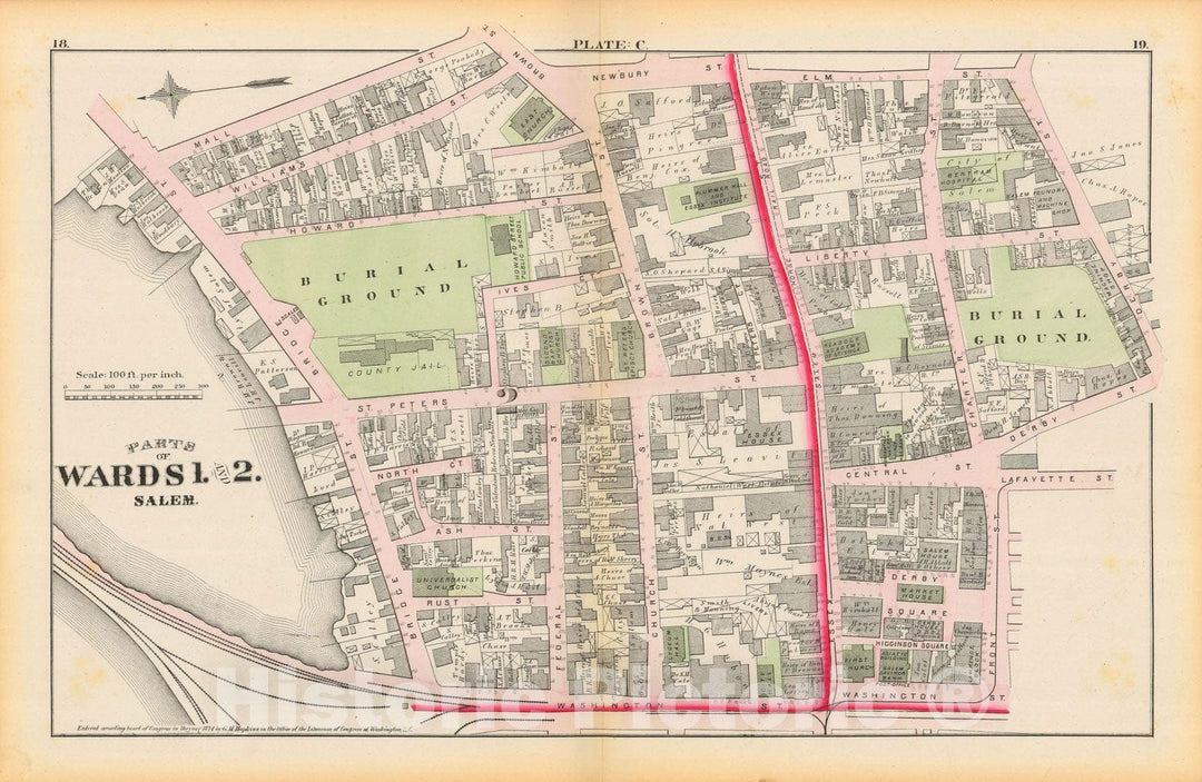 Historic Map : Atlas City of Salem, Massachusetts, Salem 1874 Plate C , Vintage Wall Art