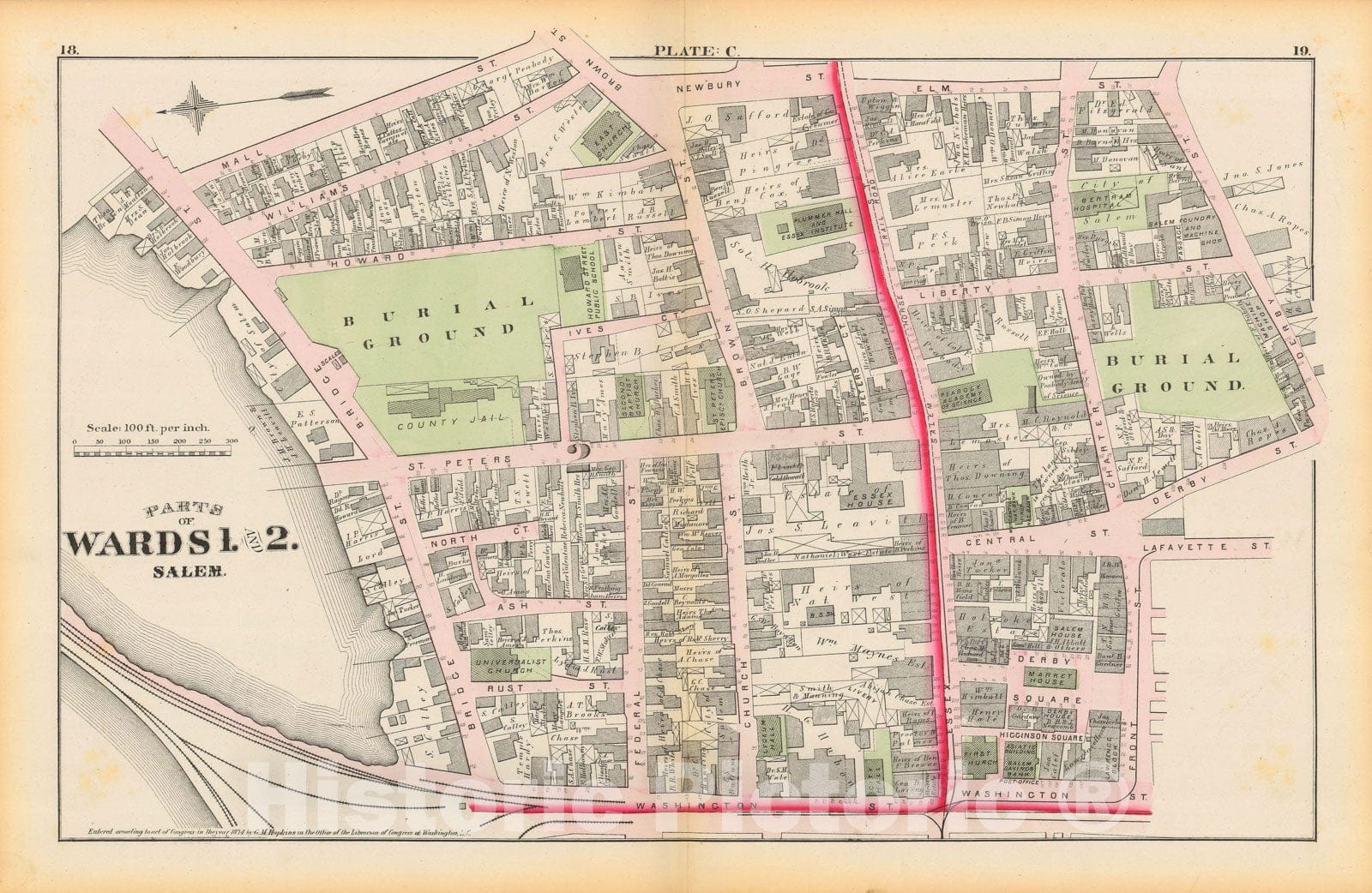 Historic Map : Atlas City of Salem, Massachusetts, Salem 1874 Plate C , Vintage Wall Art