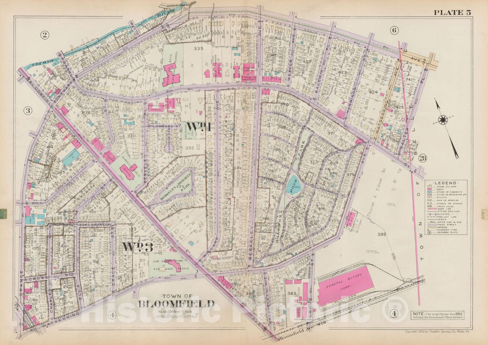 Historic Map : Atlas of Bloomfield, Belleville and Nutley; Essex County Vol D, Bloomfield 1932 Plate 005 , Vintage Wall Art