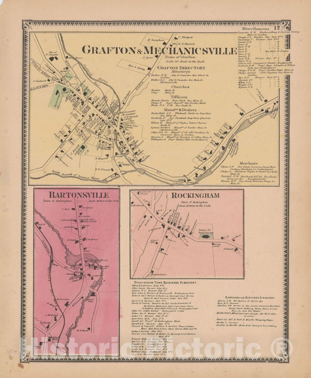 Historic Map : Atlas of Windham County, VT, Grafton & Rockingham 1869 , v2, Vintage Wall Art