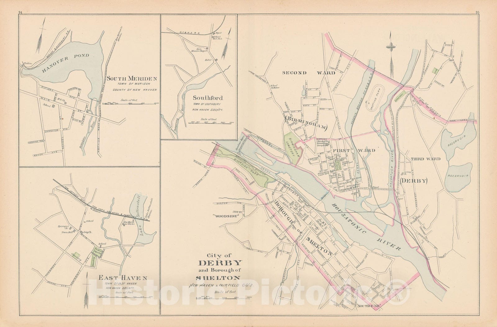 Historic Map : Derby & East Haven & Meriden & Southbury 1893 , Town and City Atlas State of Connecticut , Vintage Wall Art