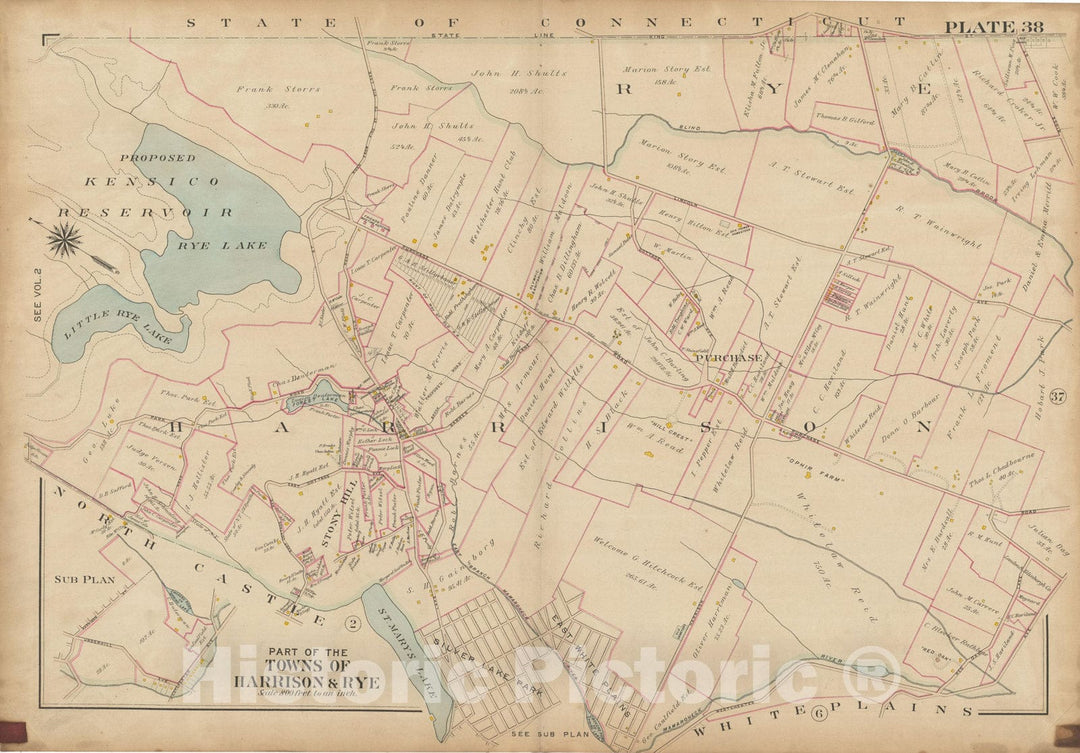 Historic Map : Atlas of Westchester County, NY, Vol. 1, Harrison & Rye 1910 Plate 038 , Vintage Wall Art