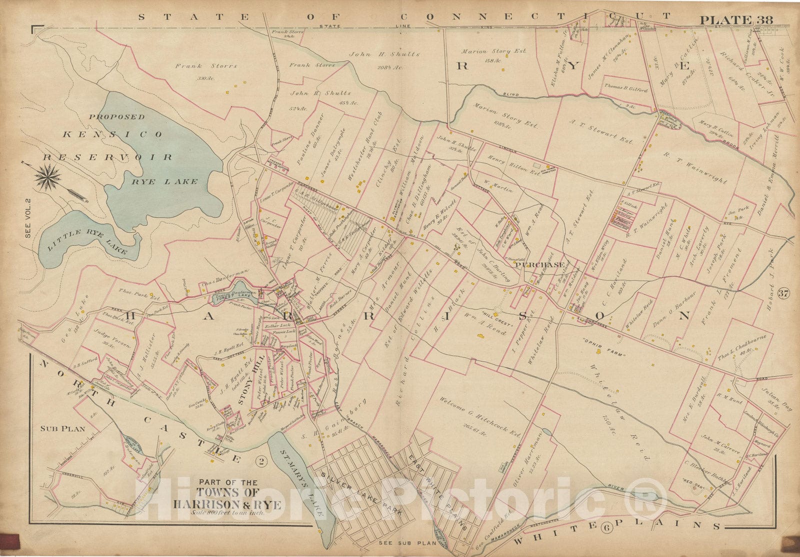 Historic Map : Atlas of Westchester County, NY, Vol. 1, Harrison & Rye 1910 Plate 038 , Vintage Wall Art