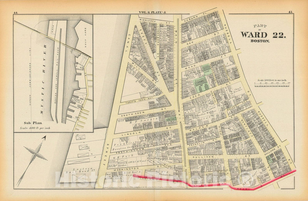Historic Map : Atlas County of Suffolk, Massachusetts Vol. 6, Charlestown 1875 Plate J , Vintage Wall Art