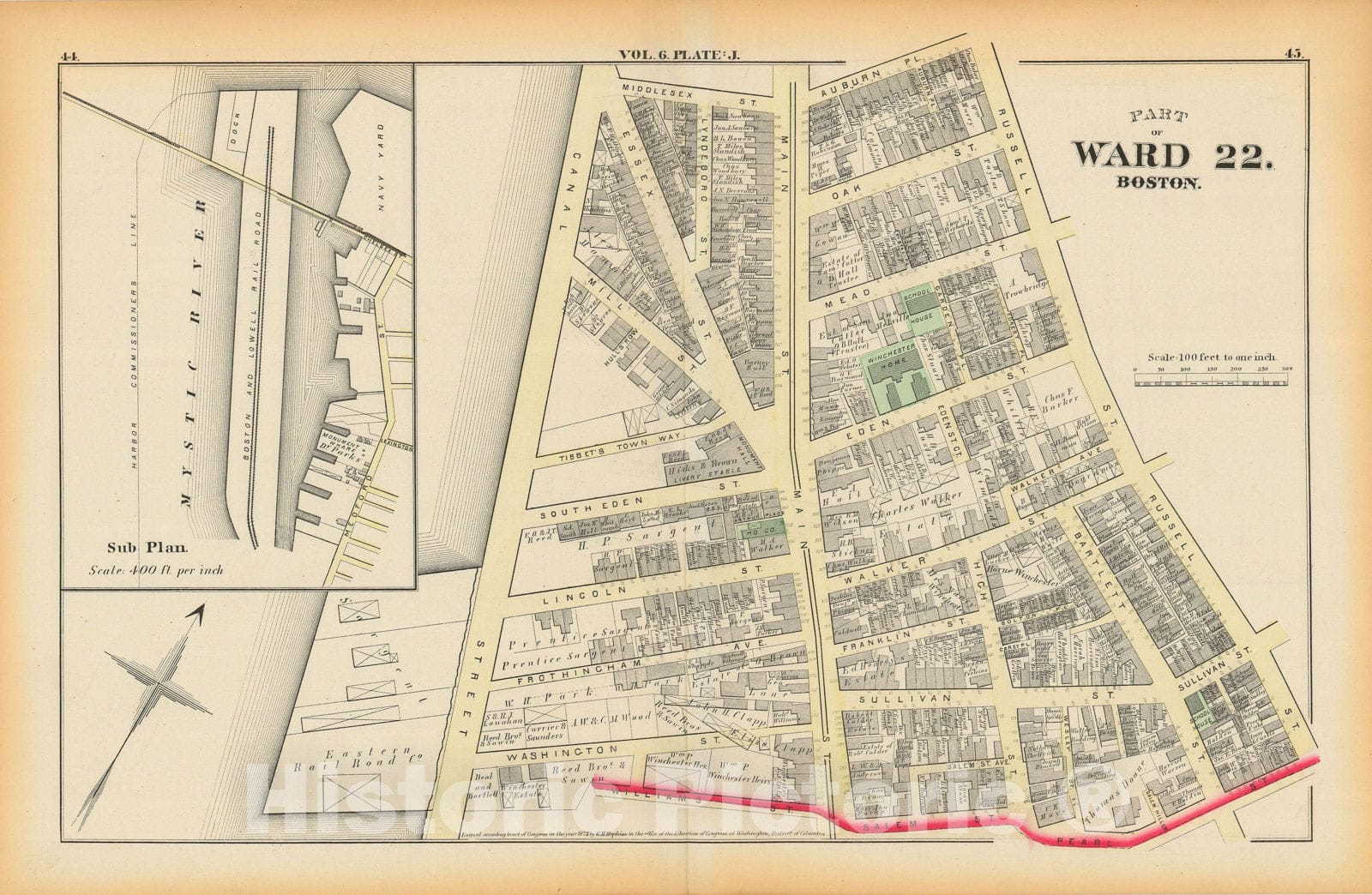 Historic Map : Atlas County of Suffolk, Massachusetts Vol. 6, Charlestown 1875 Plate J , Vintage Wall Art