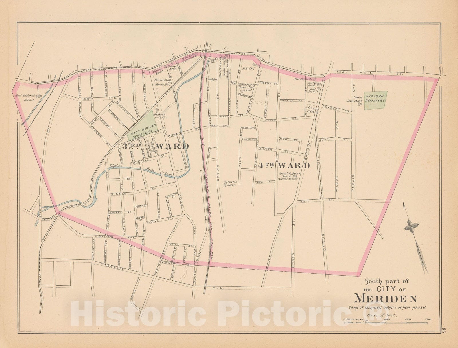 Historic Map : Meriden 1893 , Town and City Atlas State of Connecticut , Vintage Wall Art